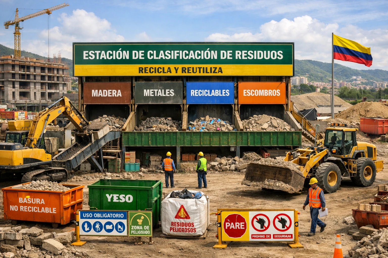 Ecopunto ECHO en obra de construcción colombiana para gestión de residuos de construcción y demolición